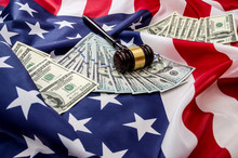 Gavel And Dollars On Usa Flag Background