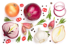 Red Onions, Garlic With Rosemary And Peppercorns Isolated On A White Background. Top View. Flat Lay