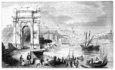 Fototapete - victorian engraving of the Arch of Trajan, Ancona, Italy