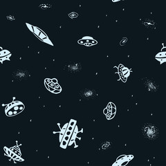 Wall Mural - Vector seamless background from hand drawn UFO. Doodle UFO Flying Saucer and galaxy. Universe pattern