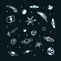 Wall Mural - Vector set of hand drawn doodle space object - planet, comet, orbit, satellite, earth, moon, star
