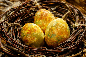 Three Easter eggs lie in a black nest of branches. Eggs are realistically colored and look like eggs of a dragon or dinosaur