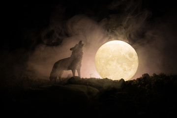 Naklejka silhouette of howling wolf against dark toned foggy background and full moon or wolf in silhouette howling to the full moon. halloween horror concept.