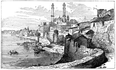 Fototapete - victorian engraving of Varanasi, India