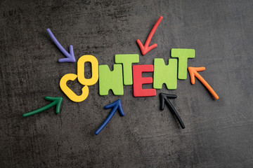 Poster - Colorful arrows pointing to the word CONTENT at the center on black cement wall, content is king in advertising and communication concept,  creativity of using content on website and social media