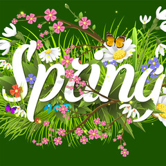 Sticker - Spring vector text lettering background with flower floral green text letter ornament beautiful calligraphy flower hello Spring is coming poster illustration.