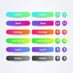 Aufkleber - Vector illustration set of clean colorful web app buttons with symbols, text and cool gradient color in different sizes