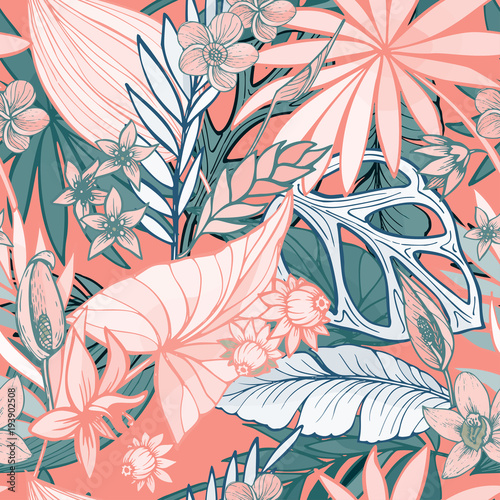 Stoffe zum Nähen vector seamless beautiful artistic bright tropical pattern with banana, Syngonium and Dracaena leaf, summer beach fun, colorful original stylish floral background print, fantastic forest