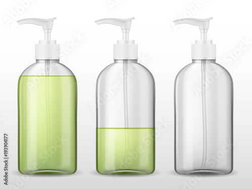 Download Ads Template Mockup Realistic Plastic Bottle With Dispenser Airless Pump Full And Empty Container With Green Transparent Liquid Gel Soap Lotion Cream Shampoo Bath Foam On A White Background Stock Vector