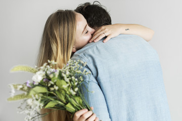 Canvas Print - Woman receive a bouquet of flower from her lover