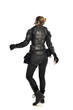 © faestock - full length portrait of female  soldier wearing black  tactical armour  facing away from camera, isolated on white studio background.
