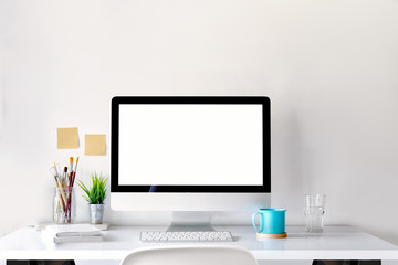 Poster - Mockup of creative desktop of designer with coffee mug.