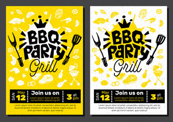 BBQ party Food poster. Barbecue template menu invitation flyer design elements spice, drinks, hand drawn elements.