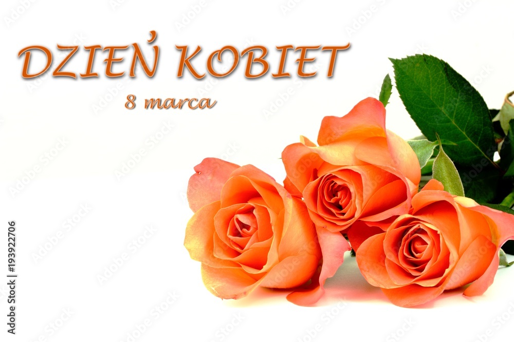 Dzień kobiet kartka z polskim tekstem, 8 marca międzynarodowy dzień kobiet, trzy róże  - obrazy, fototapety, plakaty 