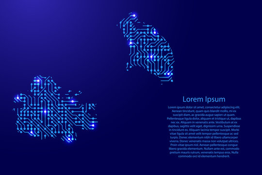 Map Antigua and Barbuda from printed board, chip and radio component with blue star space on the contour for banner, poster, greeting card, of vector illustration.