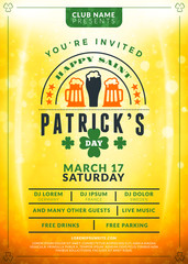 Wall Mural - Saint Patricks Day celebration. Typography poster or party flyer template. Vintage beer label on the golden background with light effects