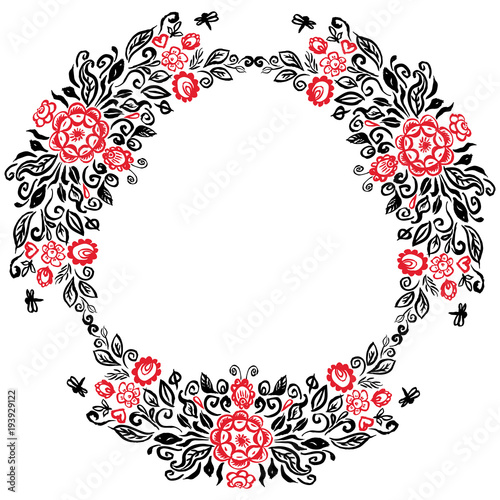Fotografija Beautiful card with a round summer wreath of different flowers folk art floral ornament Vintage elegant wedding invitation Red Black isolated on white background