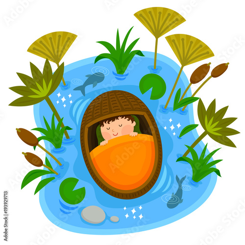 Fotomural Biblical scene of baby Moses sleeping peacefully in the ark while floating on th