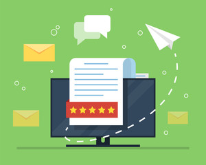 Poster - E-mail marketing. The concept of an open e-mail with a nested document against the backdrop of a computer monitor and a paper airplane. Flat vector illustration.