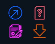 © blankstock - Neon lights. Set of Copywriting, Direction and Unknown file icons. Downloading sign. Ð¡opyright signature, Navigation pointer, Doc with question mark. Load information.  Glowing graphic designs
