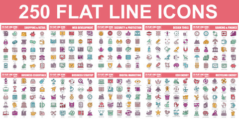 Poster - Simple set of vector flat line icon. Contains such Icons as Shopping, Retail, Web Development, Banking, Finance, Startup, Marketing, Eco Energy, Security, Protection and more. Linear pictogram pack.