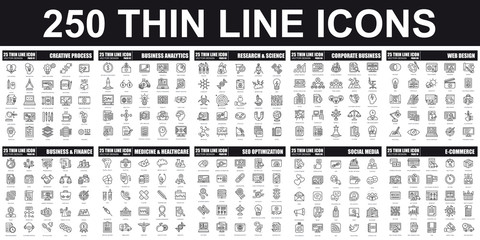Leinwandbilder - Simple set of vector thin line icon. Contains such Icons as Creative Process, Business Analytics, Finance, E-Commerce, SEO, Medicine and Healthcare, Social Media and more. Linear pictogram pack.