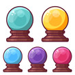 Fortune teller crystal sphere icons. Glass wizard magic ball for mystic rituals and prediction.
