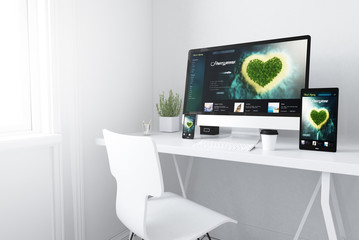 Wall Mural - devices on white minimal workspace travel honeymoonwebsite