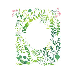 Wall Mural - Vector cartoon abstract green plants flower herbs frame template. Meadow garden spring easter, women day romantic holiday, wedding invitation card summer floral Illustration white background