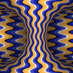 Wall Mural - Moving wavy patterned hyperboloid of orange blue stripes. Vector optical illusion illustration.