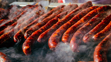 Grilled Sausage On Barbecue, Grill. Shallow Depth Of Field.