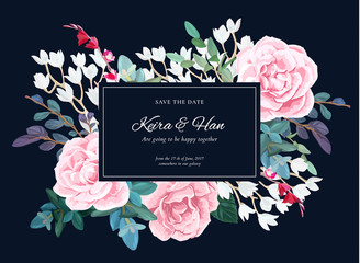 Wall Mural - Floral wedding invitation with pink roses on dark background. Horizontal RSVP or save the date template. Classic vector design.