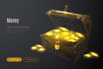 Poster - Abstract image of a chest of gold in the form of a starry sky or space, consisting of points, lines, and shapes in the form of planets, stars and the universe. Vector rich life wireframe concept.
