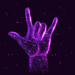 Fototapete - Abstract image of a Rock on hand sign in the form of a starry sky or space, consisting of points, lines, and shapes in the form of planets, stars and the universe. Vector hand gesture wireframe