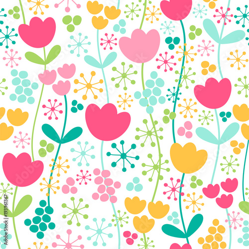 Seamless vector pattern with spring flowers in bright colors. Canvas Print