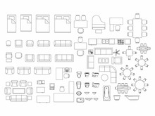 Top View Of Set Furniture Elements Outline Symbol For Bedroom, Kitchen, Bathroom, Dining Room And Living Room. Interior Icon Bed, Chair, Table And Sofa.