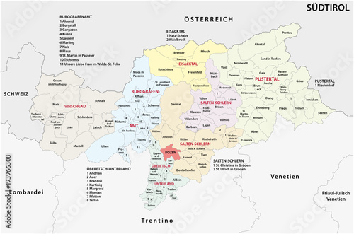 Obraz na płótnie Mapa administracyjna i polityczna włoskiej prowincji Południowego Tyrolu w języku niemieckim