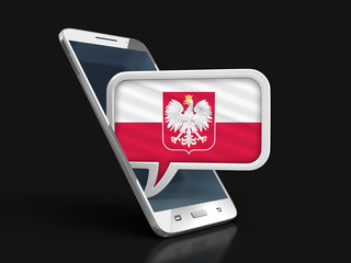 Poster - Touchscreen smartphone and Speech bubble with Polish flag. Image with clipping path