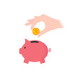 Vector illustration of a hand putting a coin into the piggy box