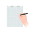 Vector illustration of a hand with a pen writing on a notebook
