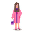 Vector illustration of a woman wearing a pink coat with a handbag