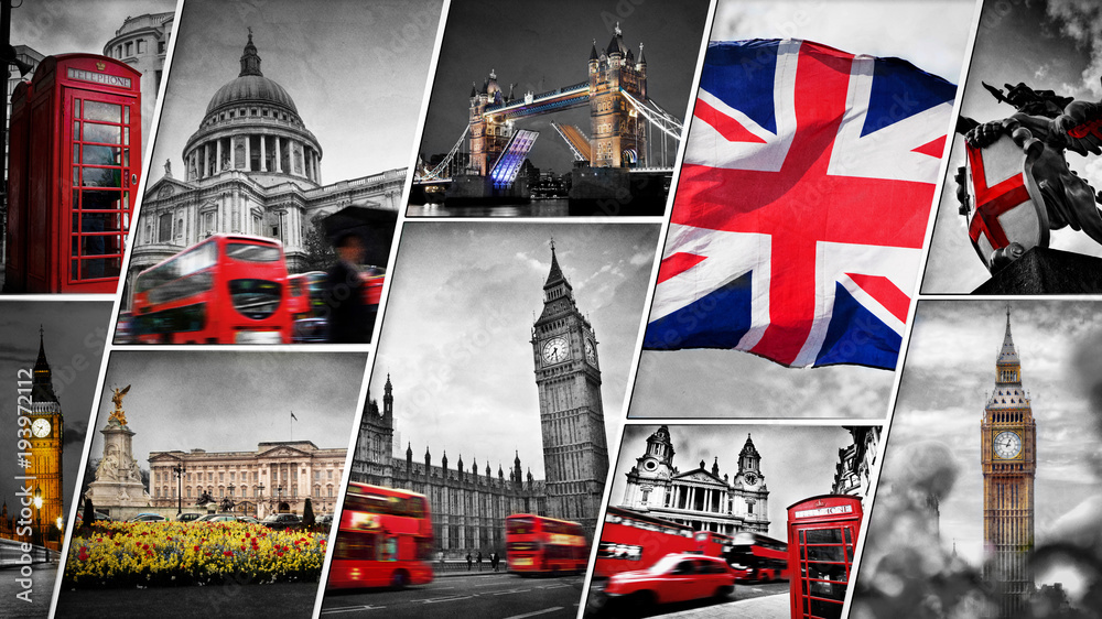 Collage of the symbols of London, the UK - obrazy, fototapety, plakaty 