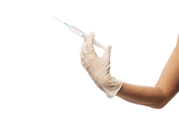 Hand holding an injection, isolated on white background 