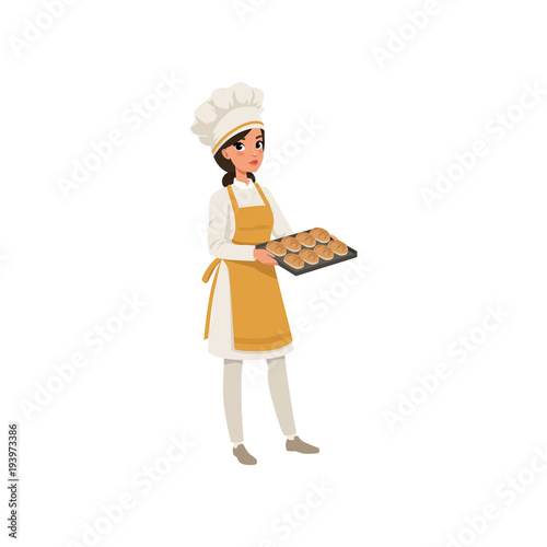 Cuadros en Lienzo Young female baker character in uniform holding a tray with freshly baked bread