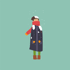 Poster - Boy in warm coat and scarf freezing and shivering on winter cold vector Illustration