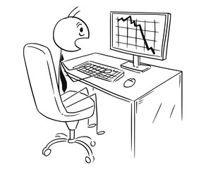 Poster - cartoon stick man drawing conceptual illustration of businessman working on computer and chocked by 