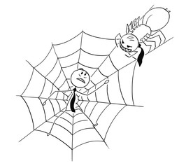 Poster - Cartoon stick man drawing conceptual illustration of businessman trapped in web, spider is approaching. Business concept of competition, risk and fail.