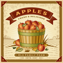 Retro Apple Harvest Label With Landscape. Editable EPS10 Vector Illustration In Woodcut Style With Clipping Mask And Transparency.