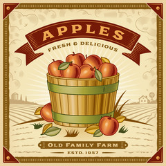 Wall Mural - Retro apple harvest label with landscape. Editable EPS10 vector illustration in woodcut style with clipping mask and transparency.