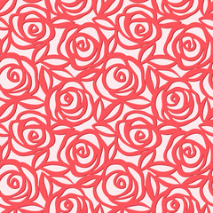 Seamless pattern. Cute vector illustration of red roses with leaves. Origami style. Paper cut pattern.